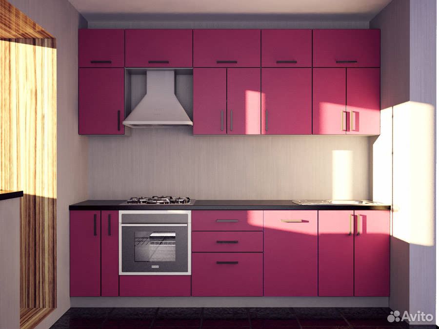 Визуализация розовой кухни, фасад пластик ARPA 0594 с абс кромкой черной, +