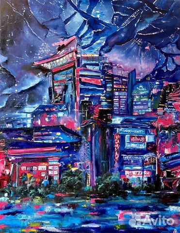 Большая интерьерная Картина маслом Неоновый город