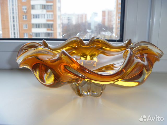 Конфетница медовое стекло 70е — фотография №1