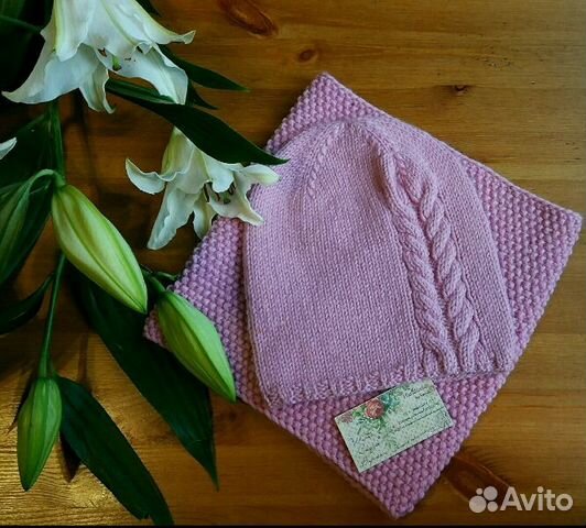 Зимний вязаный комплект шапка и снуд