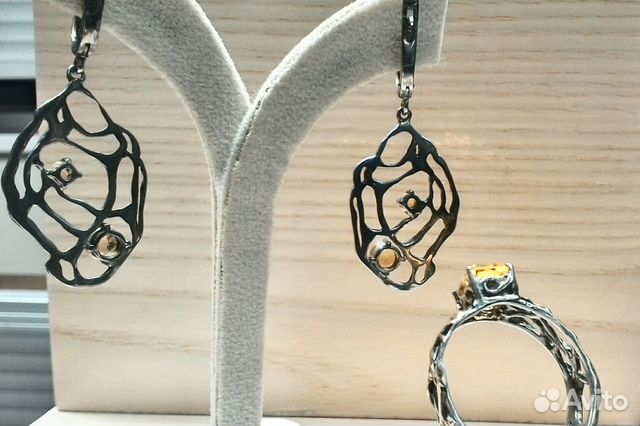 Серьги и кольцо с цитрином, серебро Астра