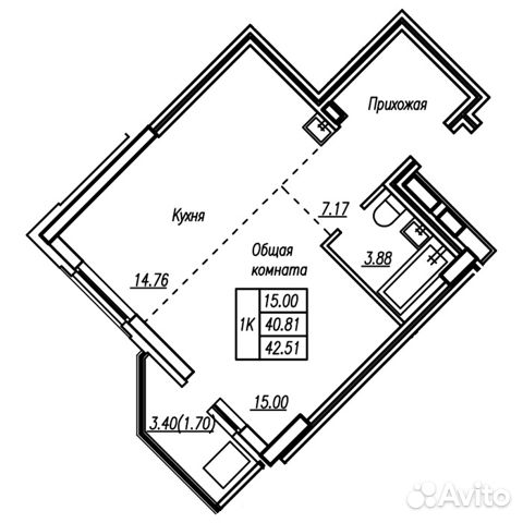 1-к квартира, 42.5 м², 3/16 эт.