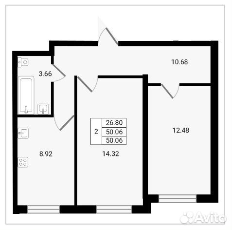 2-к квартира, 50.1 м², 1/8 эт.