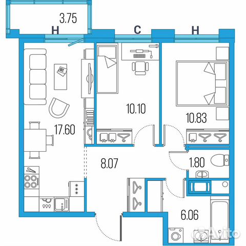 2-к квартира, 54.5 м², 20/22 эт.