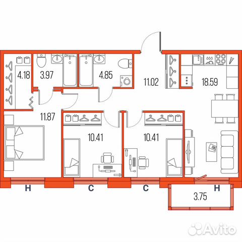 3-к квартира, 75.3 м², 9/22 эт. 3-к квартира, 75.3 м², 9/22 эт.