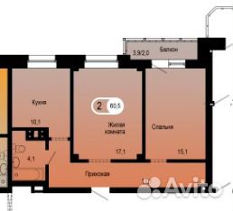 2-к квартира, 60.4 м², 3/14 эт.