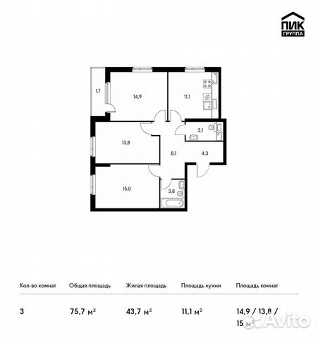 3-к квартира, 75.7 м², 29/30 эт.