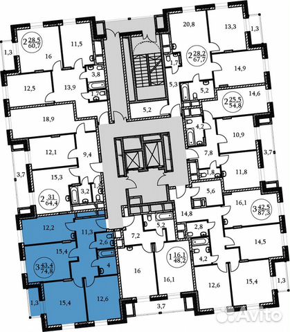 3-к квартира, 74.8 м², 13/17 эт. 3-к квартира, 74.8 м², 13/17 эт.