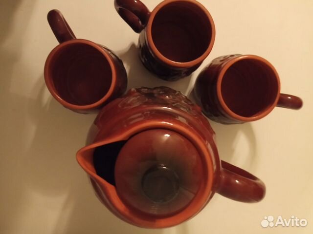 Керамический кувшин с 3-мя кружками, винтаж, СССР Керамический кувшин с 3-мя кружками, винтаж, СССР