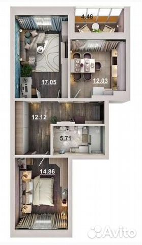 2-к квартира, 64 м², 15/19 эт.