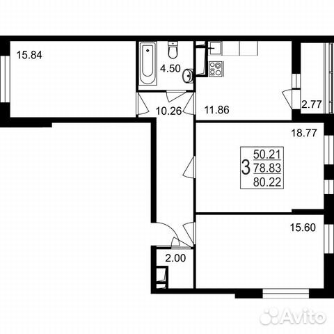 3-к квартира, 80.2 м², 3/8 эт.