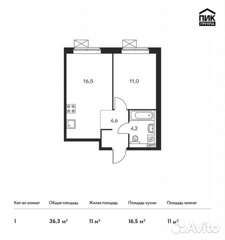 1-к квартира, 36.3 м², 21/22 эт.