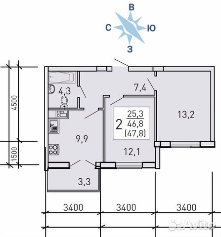 2-к квартира, 47.8 м², 11/20 эт.