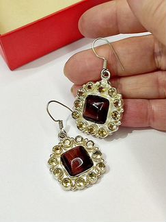 Серьги с цитринами и тигровым глазом, серебро