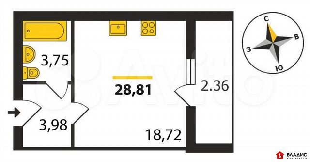 Квартира-студия, 28,8 м², 12/16 эт.