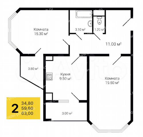 2-к. квартира, 63 м², 8/9 эт.