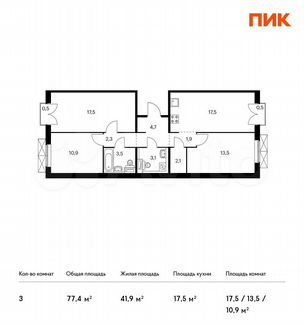 3-к квартира, 77.4 м², 2/9 эт.