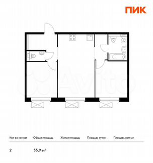 2-к квартира, 55.9 м², 9/19 эт.