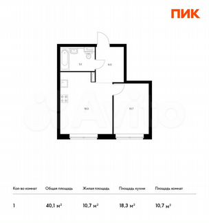 1-к квартира, 40.1 м², 9/21 эт.