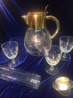 Кувшин 3 фужера антиквариат резьба Германия олень